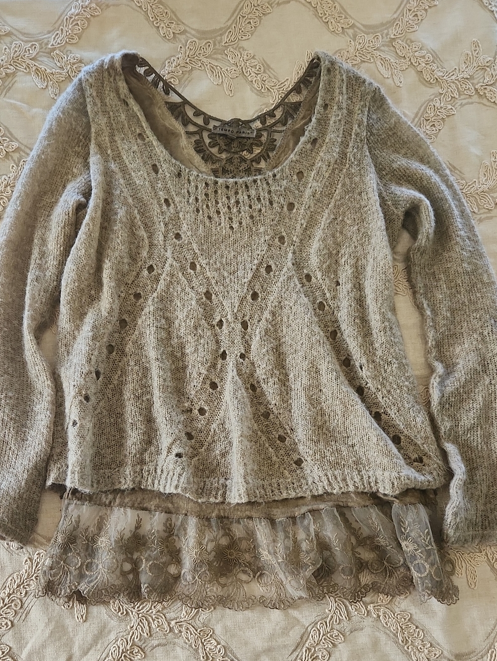 Tempo Paris Beige Open-Knit Scoop Neck Sweater with Lace Trim
